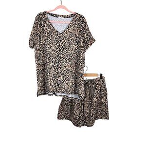 Zenna Short Set Women 1X Brown Animal Print Safari Neutral Mob Wife Shorts Soft